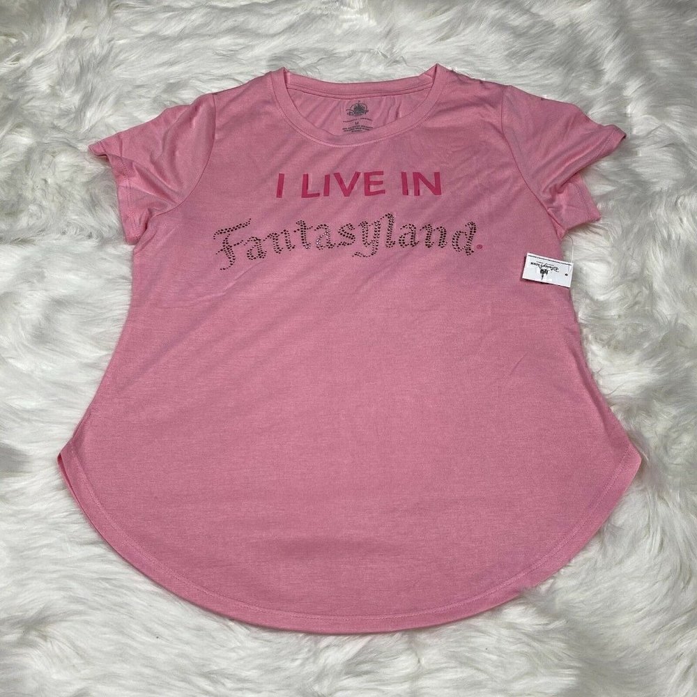 NEW Disney Parks Jeweled T-Shirt I LIVE IN FANTASYLAND Womens Medium Pink NWT